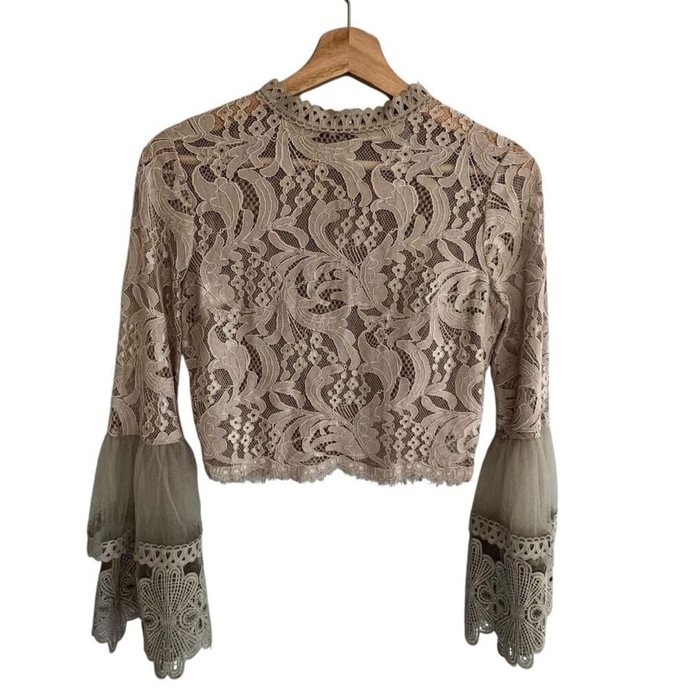Mind Code Womens Y2K Coquette Lace Crop Top Size S Boho Victorian Bell Sleeve